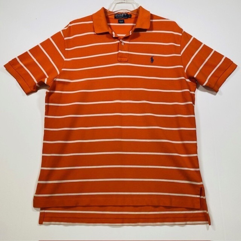 Polo Ralph Lauren Orange White Stripe Short‎ Sleeve Polo Shirt Mens XL Cotton
